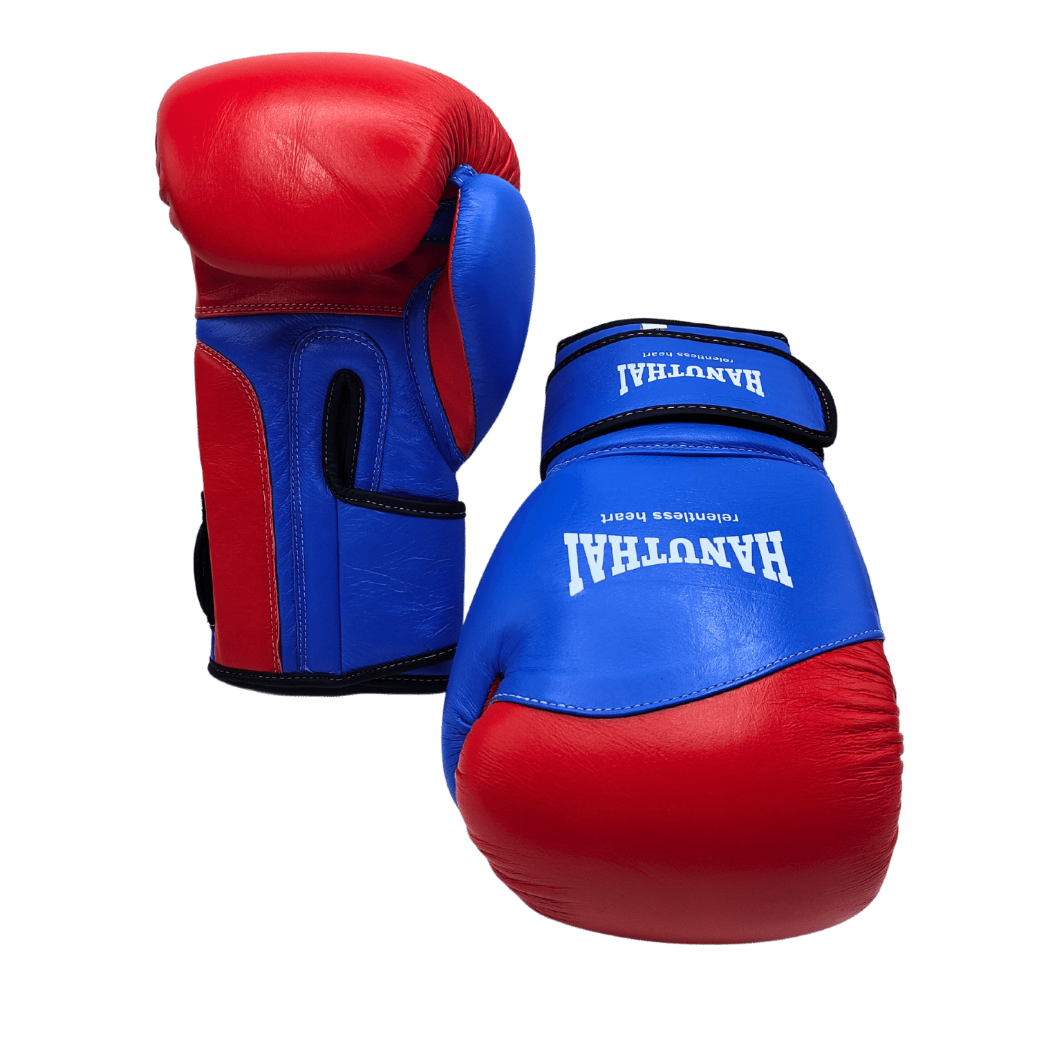 A pair of Hanuthai genuine leather blue and red Muay Thai boxing gloves positioned against a green background.