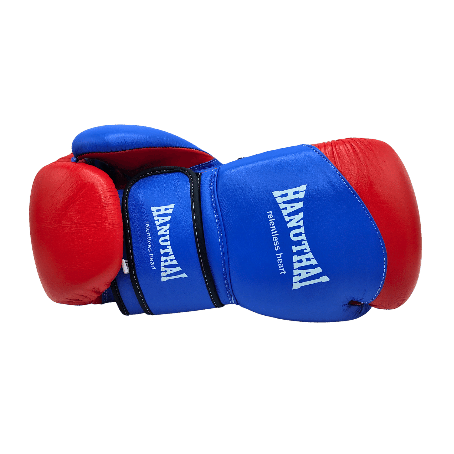 A pair of blue and red Hanuthai Muay Thai Boxing Gloves positioned against a green background.