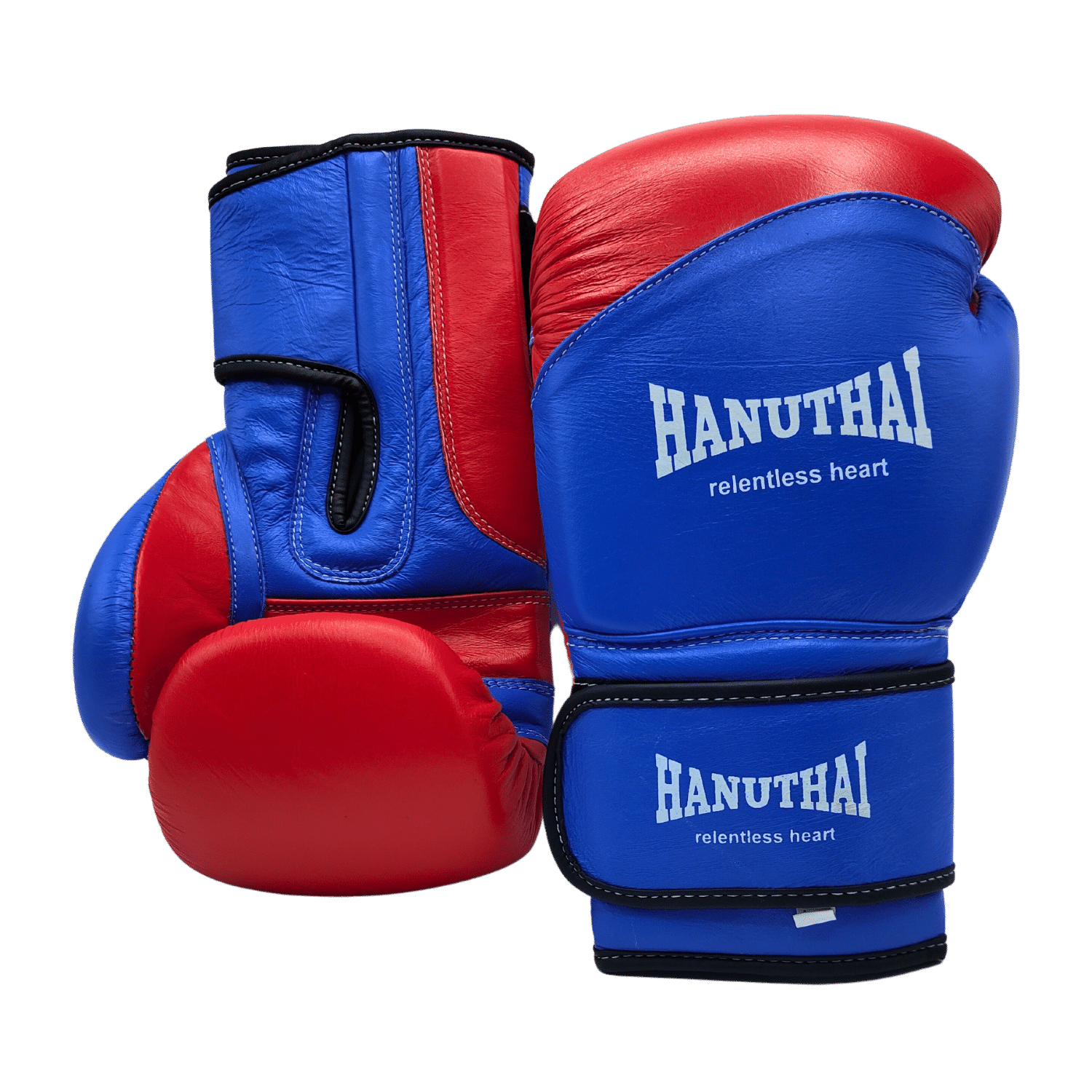 A pair of Hanuthai Muay Thai boxing gloves in blue and red with the text "hanuthai relentless heart" printed on them, positioned against a green background.