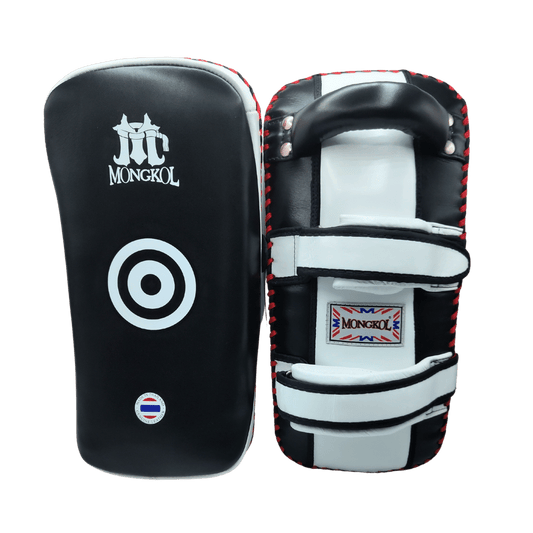 A pair of Monkol Leather Thai Kick Pads - Black & White by alsgym.