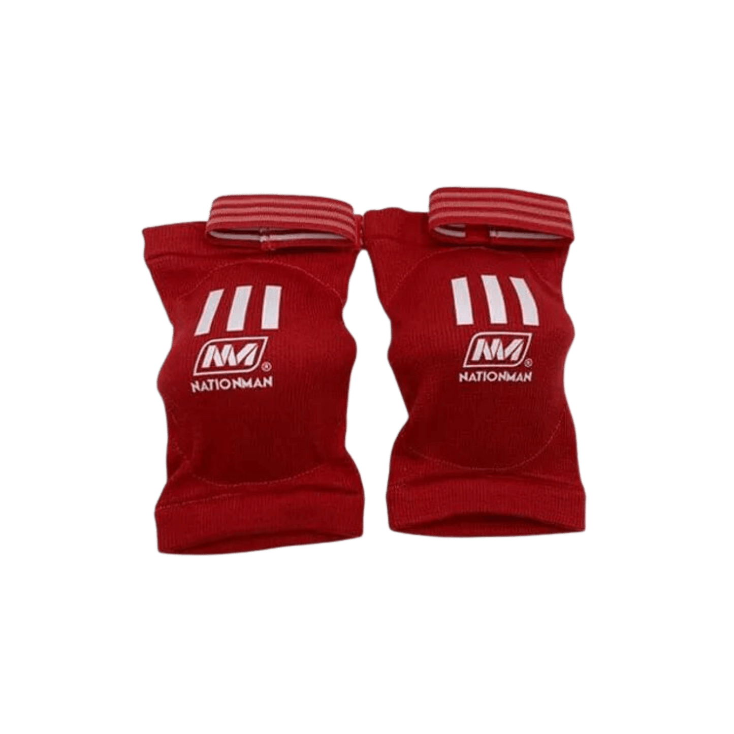 A pair of red elbow pads with white Nationman logos on them.