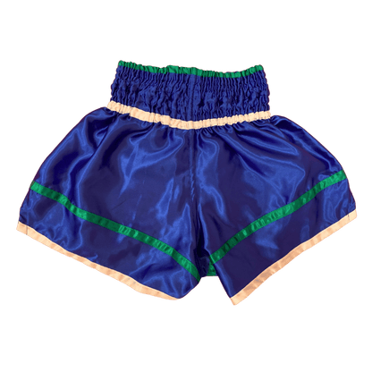 Hand-made Evil Eyes Muay Thai boxing shorts by Hanuthai with an eye-catching blue and green design.