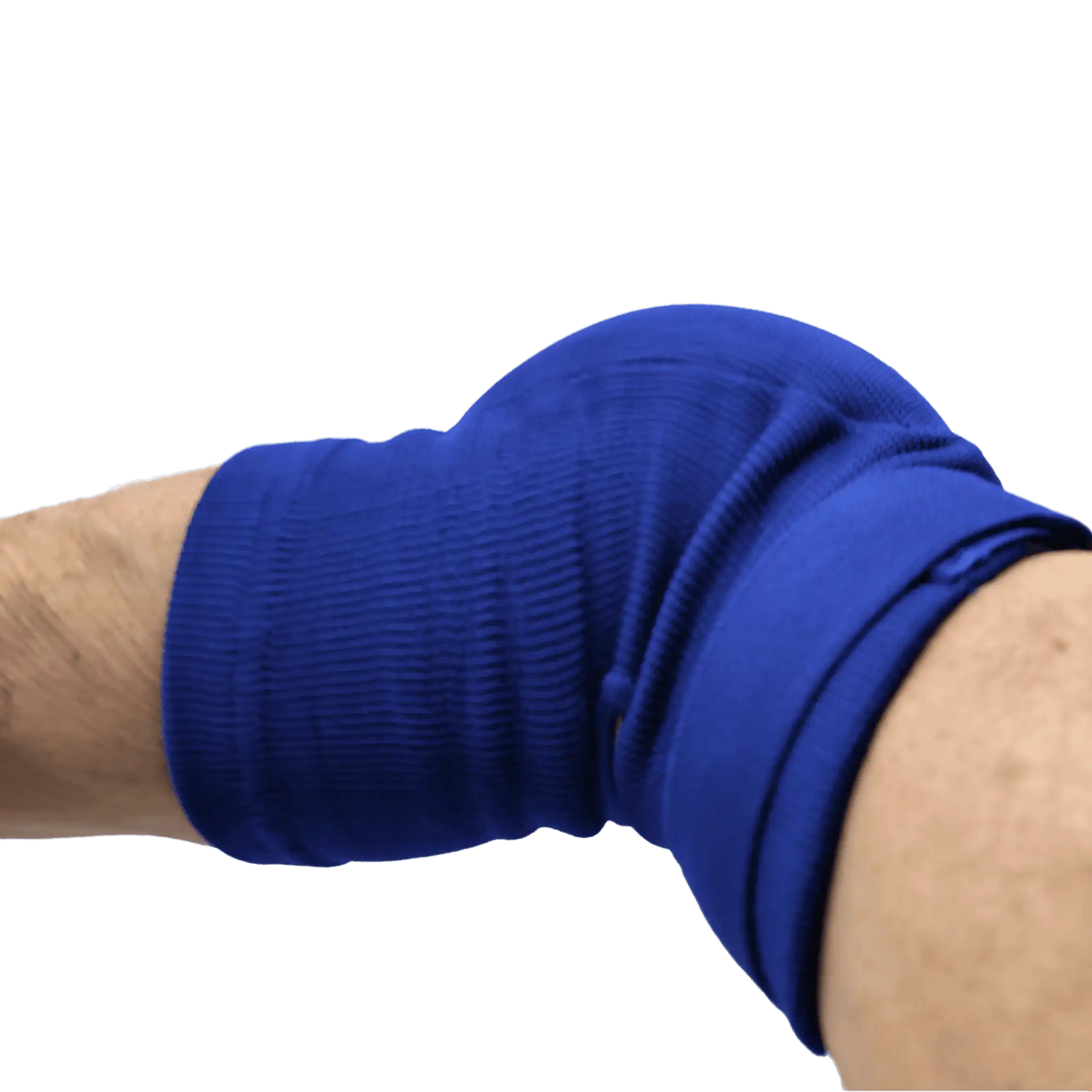 A person’s bent arm is wearing Hanuthai Elastic Elbow Pads – Blue by Hanuthai, a breathable sleeve offering impact protection, set against a plain background.