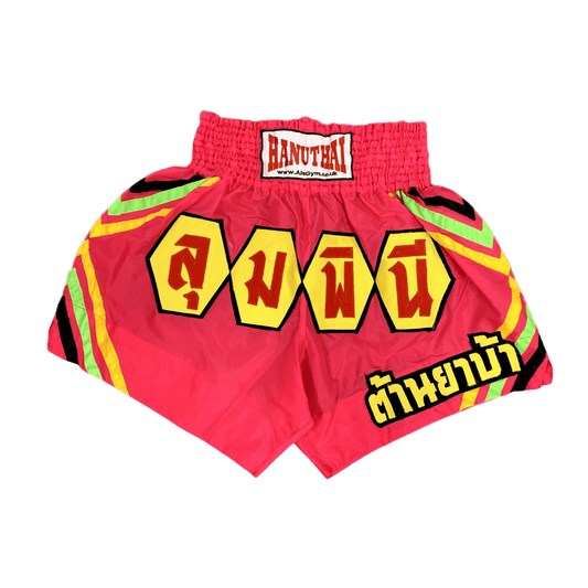 Hanuthai Lumpini Pink Muay Thai Boxing Shorts in red with yellow and red text.