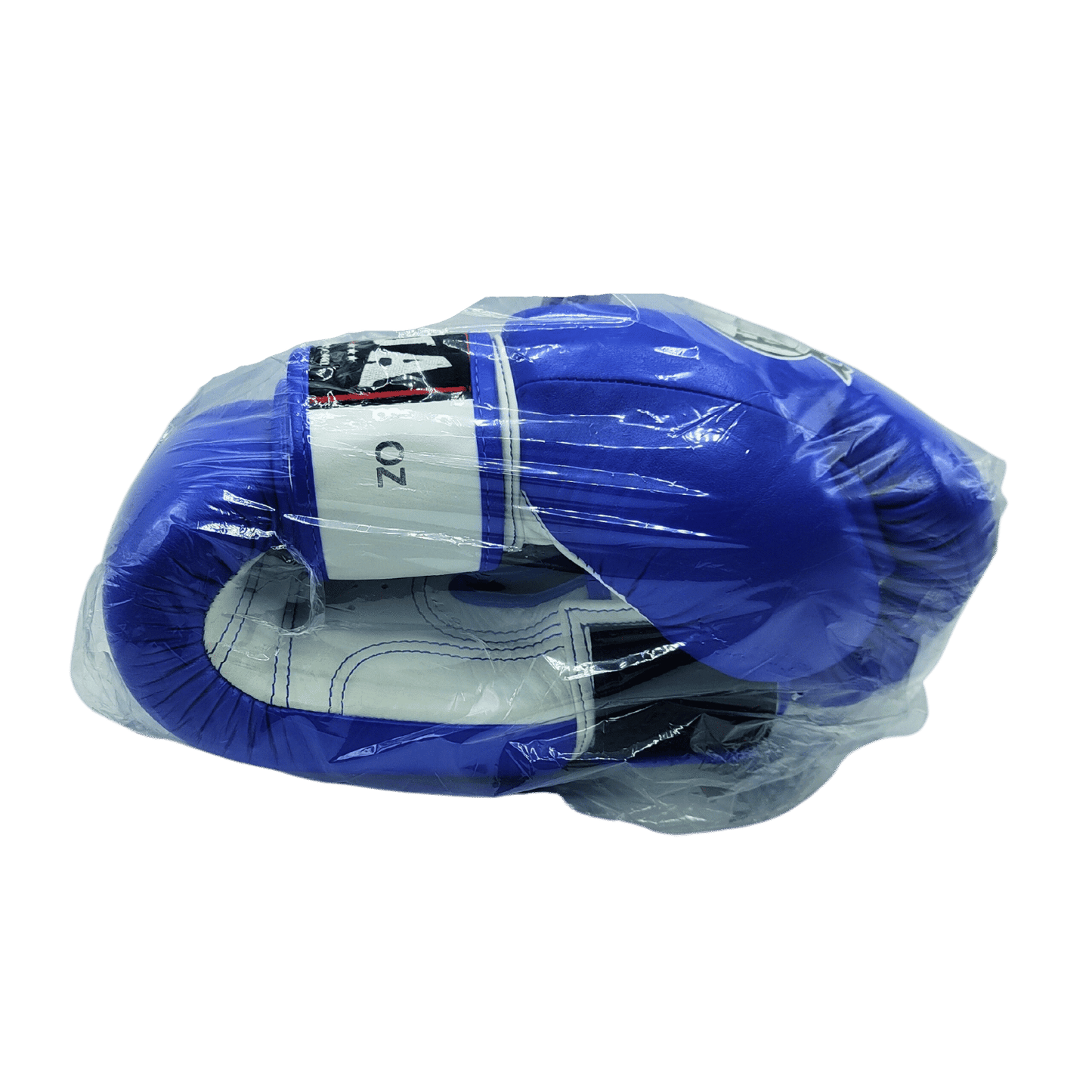 A pair of Raja Duo Colour 8oz Boxing Gloves - Blue & White by Raja in a plastic bag.