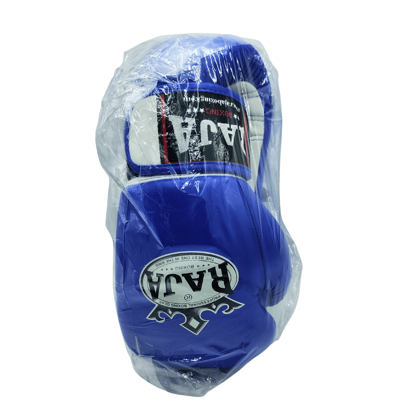 Raja Duo Colour 8oz Boxing Gloves - Blue & White in a plastic bag.