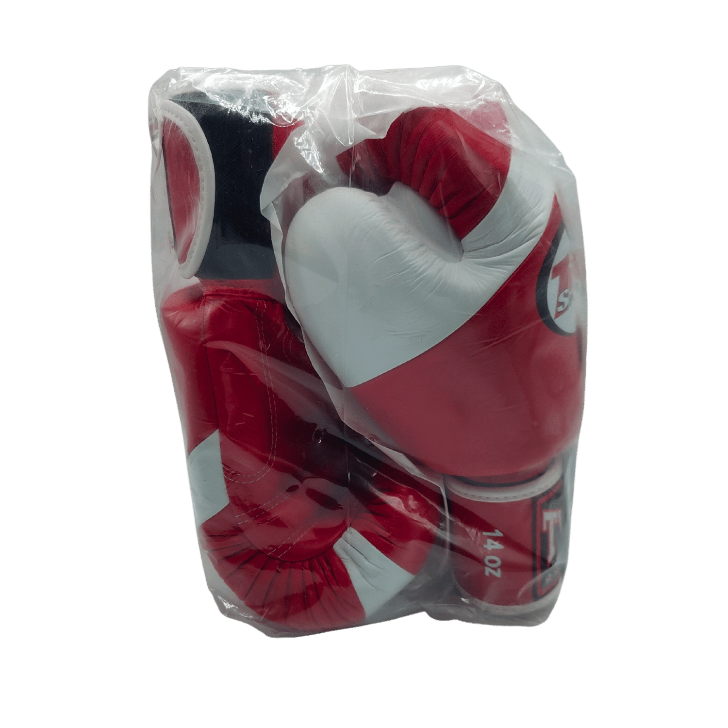 Twins Duo Colour 14oz Boxing Gloves - Red & White by Twins in a plastic bag.