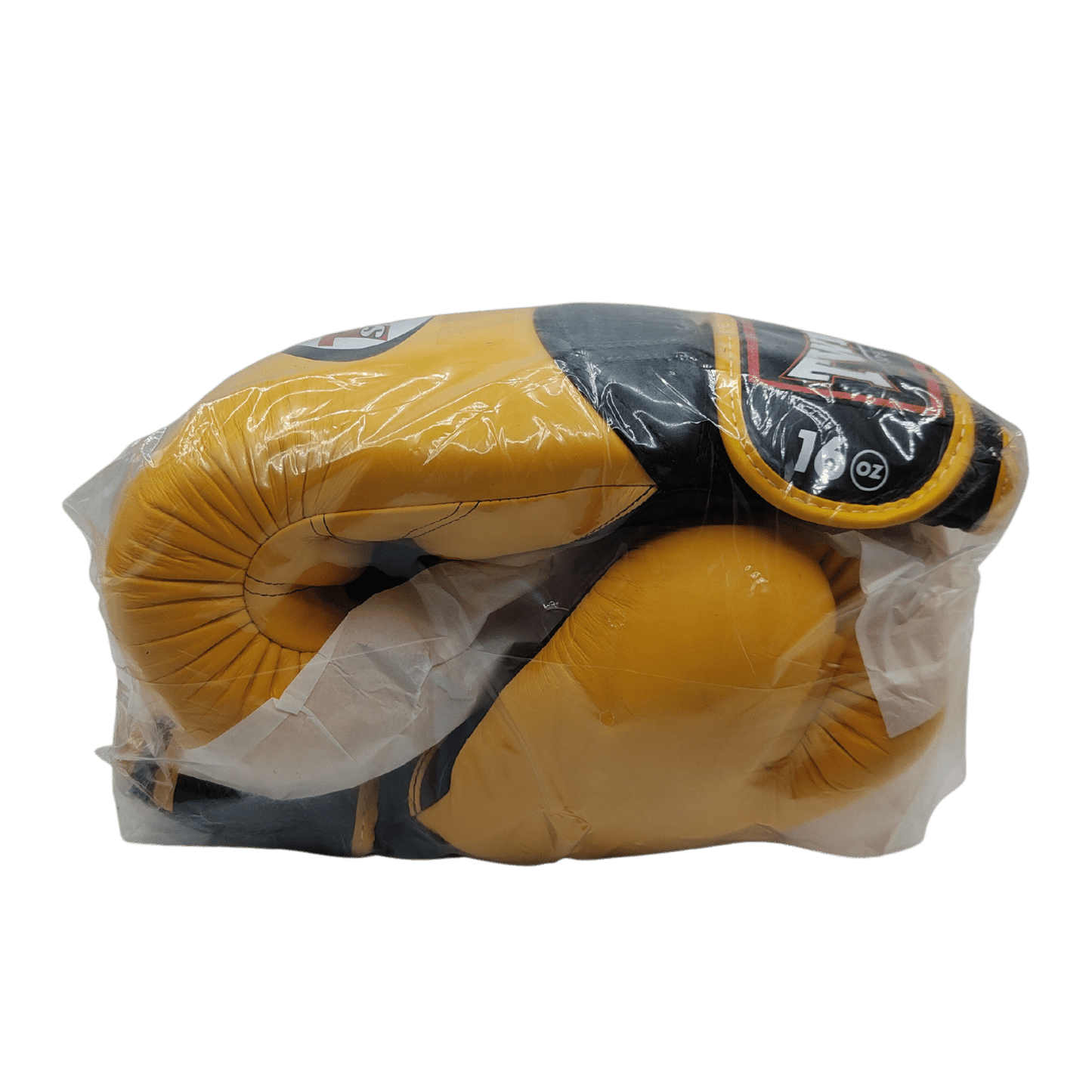 A pair of Twins Duo Colour 16oz Boxing Gloves - Yellow & Black in a plastic bag, perfect for Muay Thai training at Al's Gym.