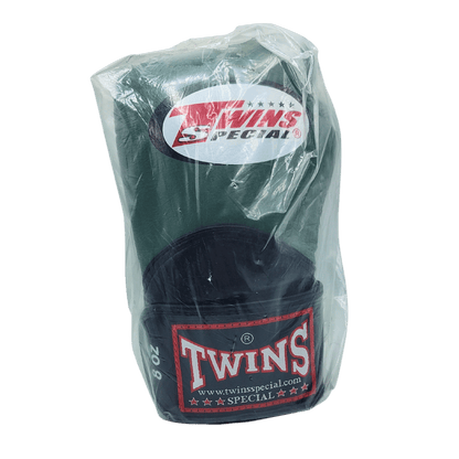 Twins Duo Colour 8oz Boxing Gloves - Black & Olive in a plastic bag.