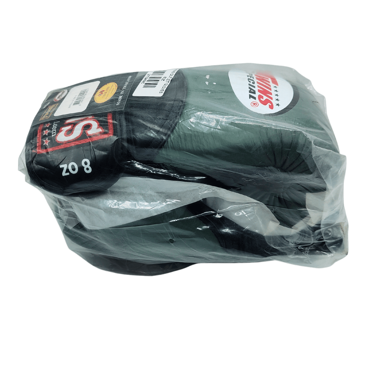 A plastic bag containing a pair of Twins Duo Colour 8oz Boxing Gloves - Black & Olive.