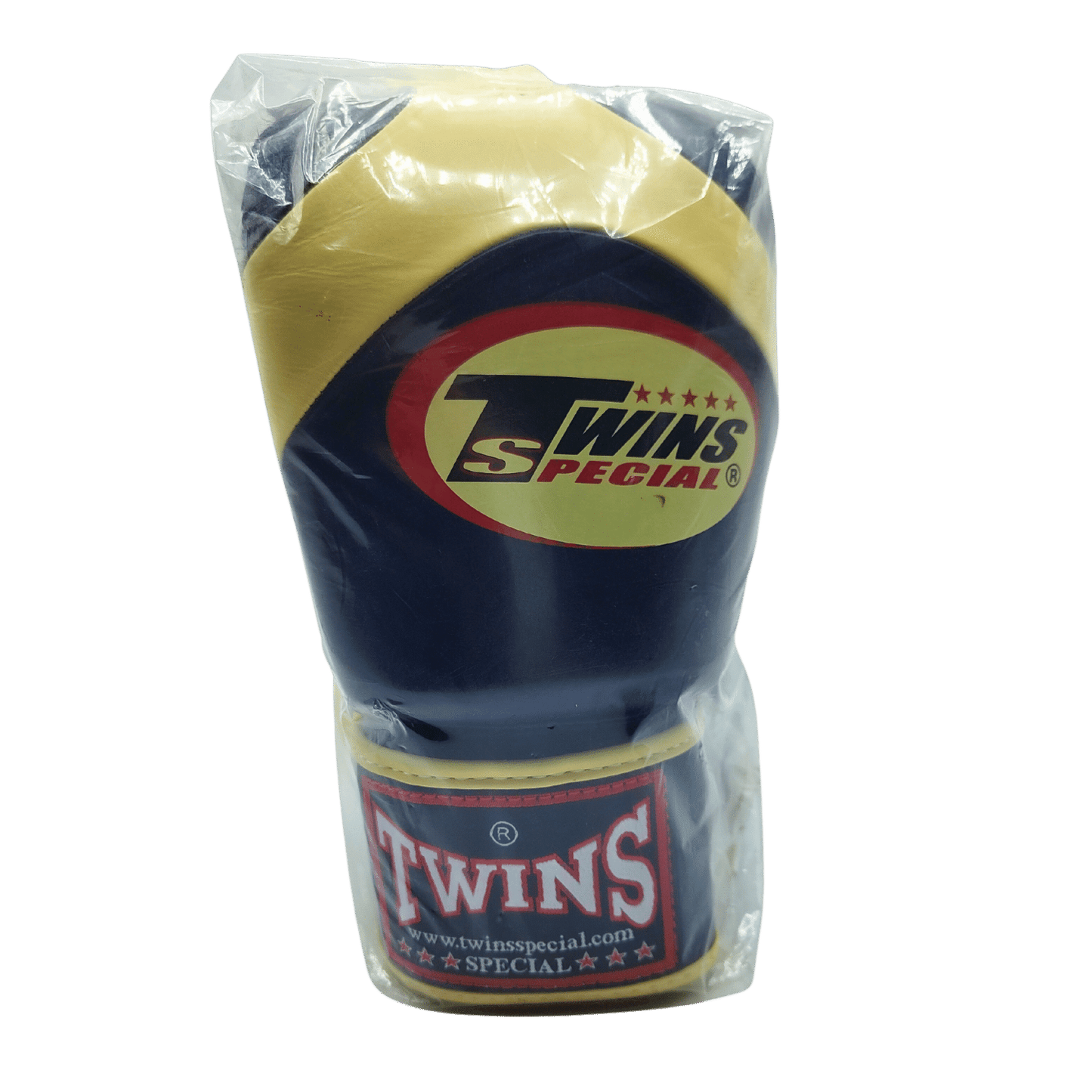 Twins Duo Colour 8oz Boxing Gloves - Cream & Navy gloves in a package, perfect for Muay Thai.