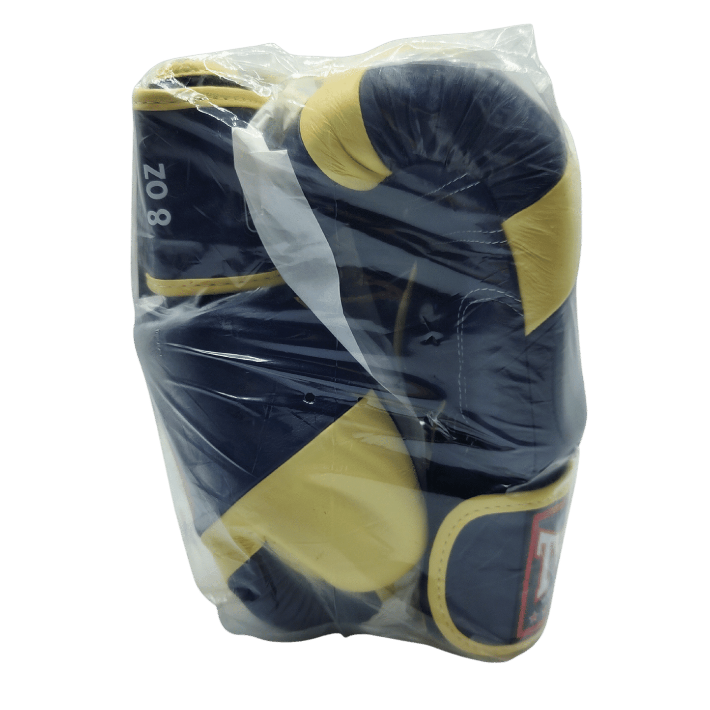 Twins Duo Colour 8oz Boxing Gloves - Cream & Navy by Twins in a plastic bag.