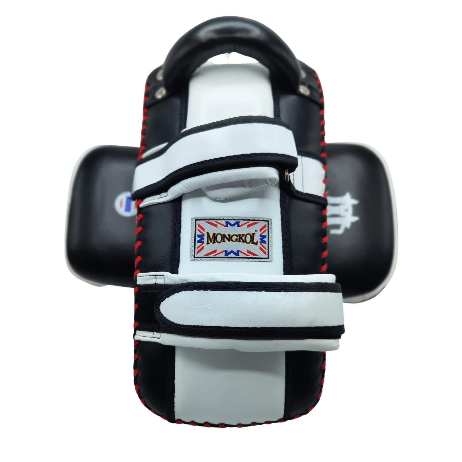 A Monkol Leather Thai Kick Pads - Black & White with red and white stripes. (Brand: alsgym)