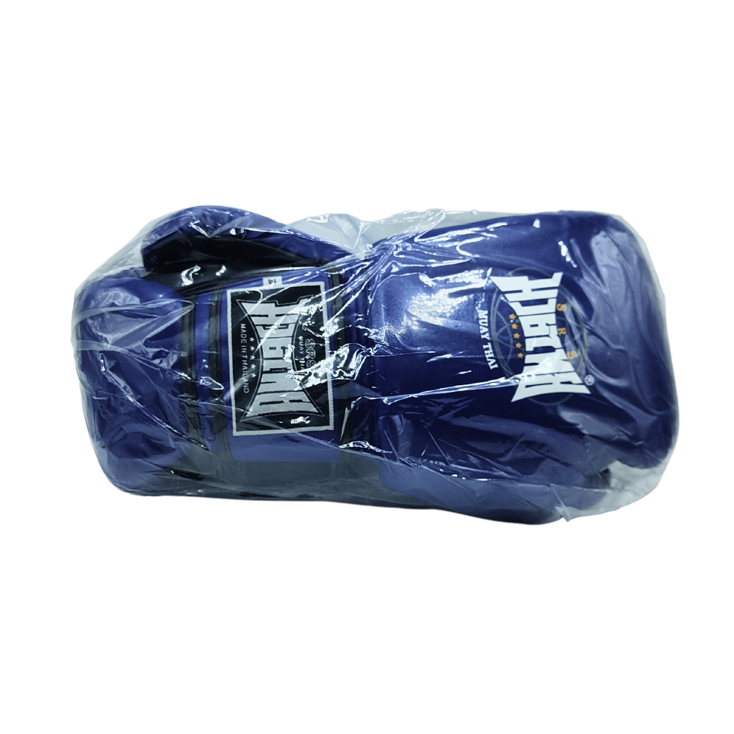 A Muay Thai blue boxing glove in a plastic bag with quality and affordability.