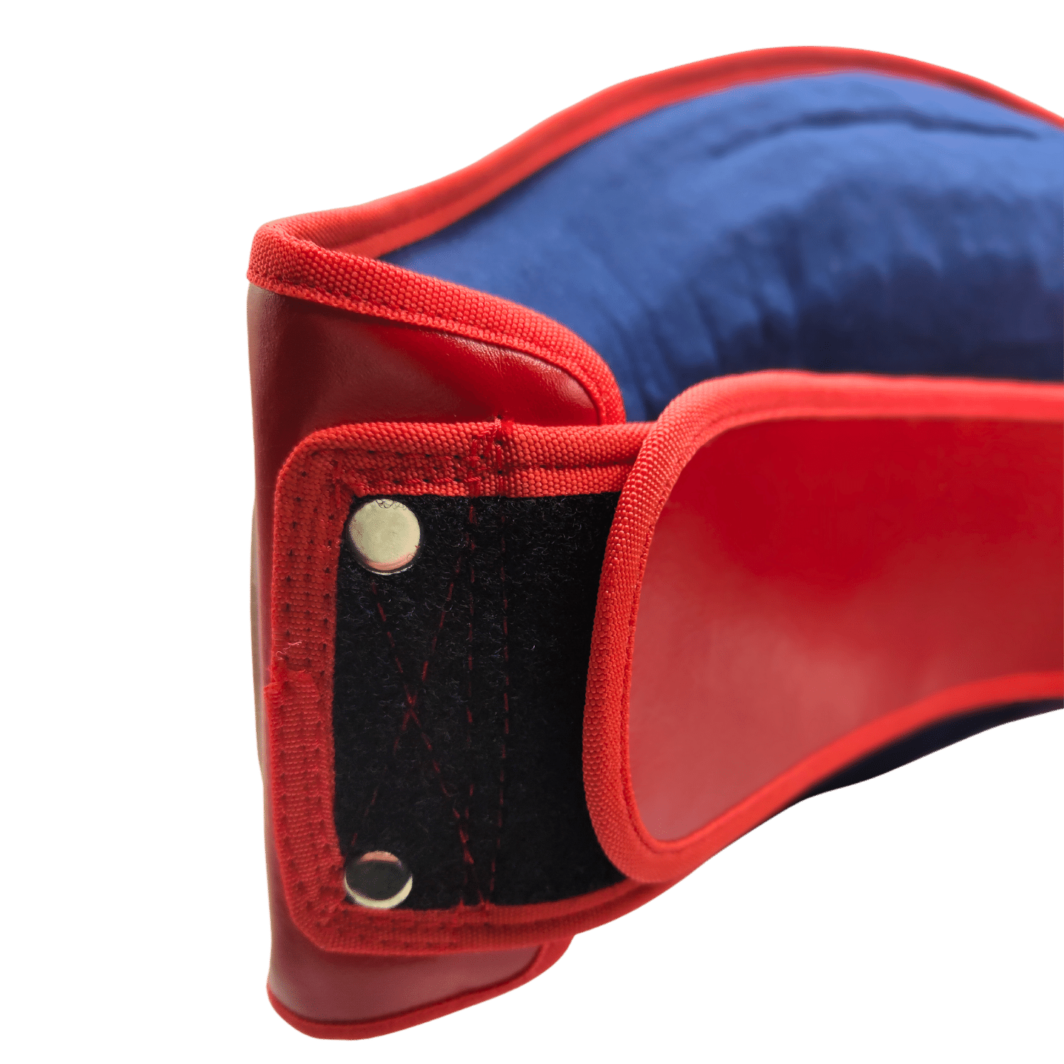 The back of a Muay Thai red and blue boxing belt.