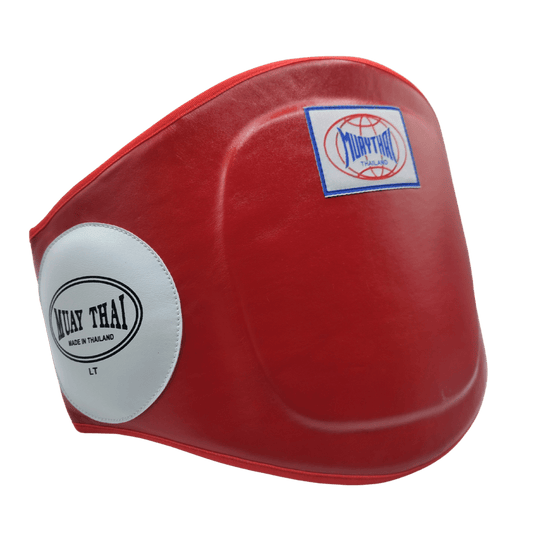 A Muay Thai red and white boxing headgear on a white background.