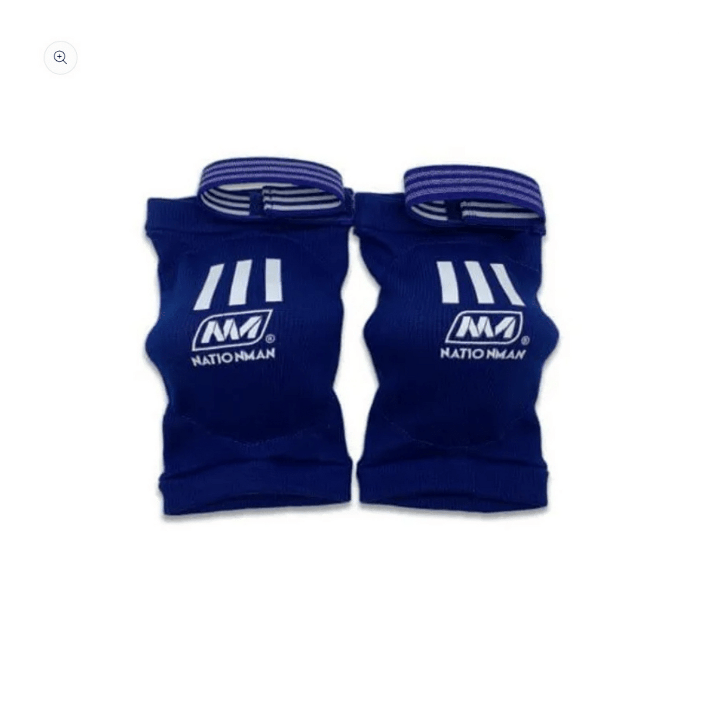 A pair of Nationman blue elbow pads with white stripes for Muay Thai training.