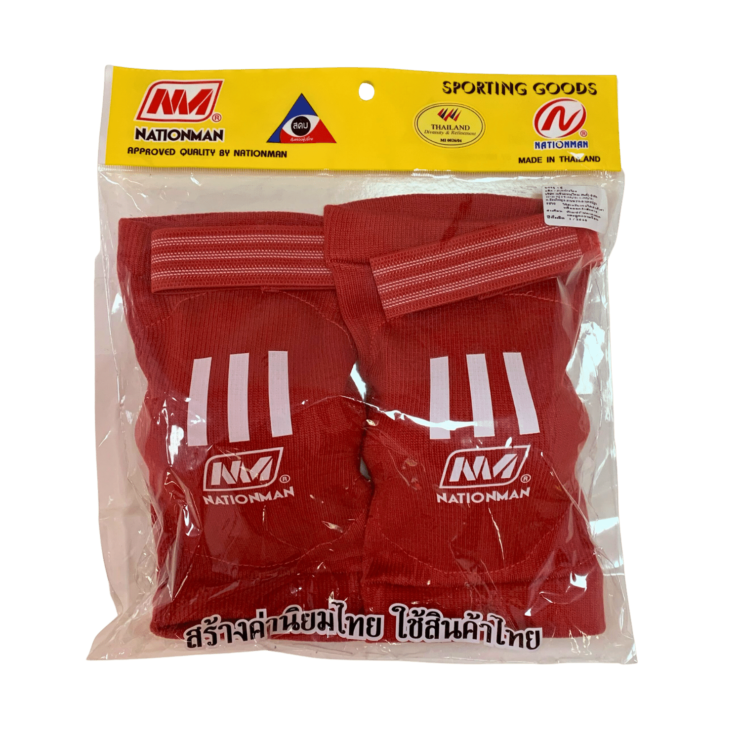 A pair of red Nationman Elbow Pads in a package, perfect for Muay Thai training.