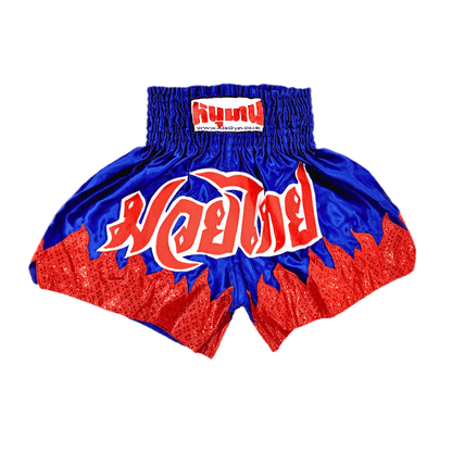A pair of Hanuthai Red Flame Glitter Muay Thai boxing shorts with an elastic waistband.
