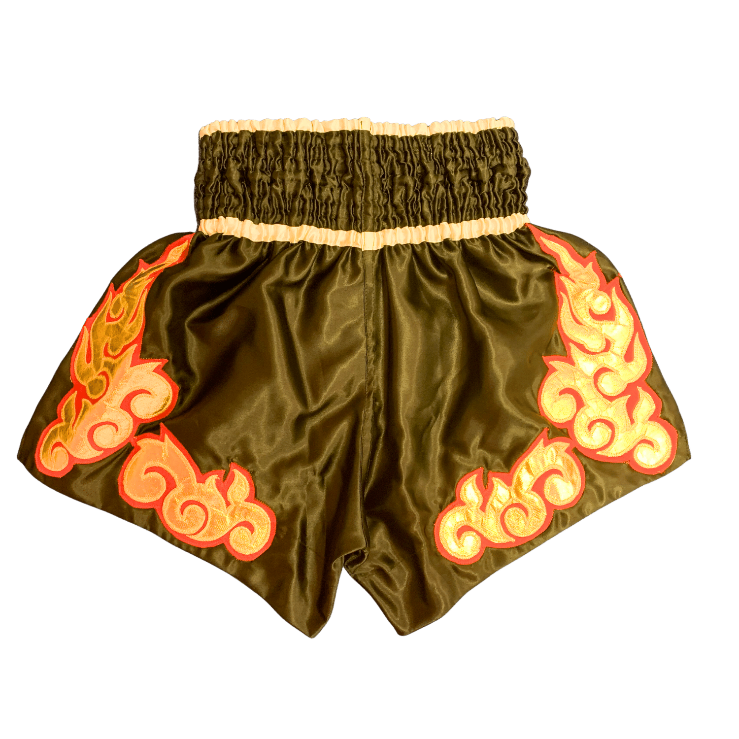 Hanuthai's Assassin's Veil Muay Thai Boxing Shorts with vibrant orange and green designs.