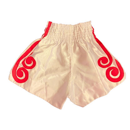 A pair of white and red Diamond Petch Muay Thai boxing shorts with a glitter design by Hanuthai.