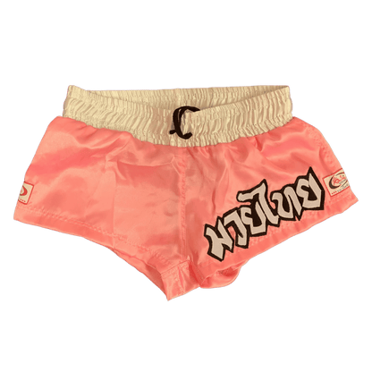 A Pink Whisper Muay Thai Boxing Short with the word 'goofy' on it, perfect for Muay Thai, from the brand Hanuthai.
