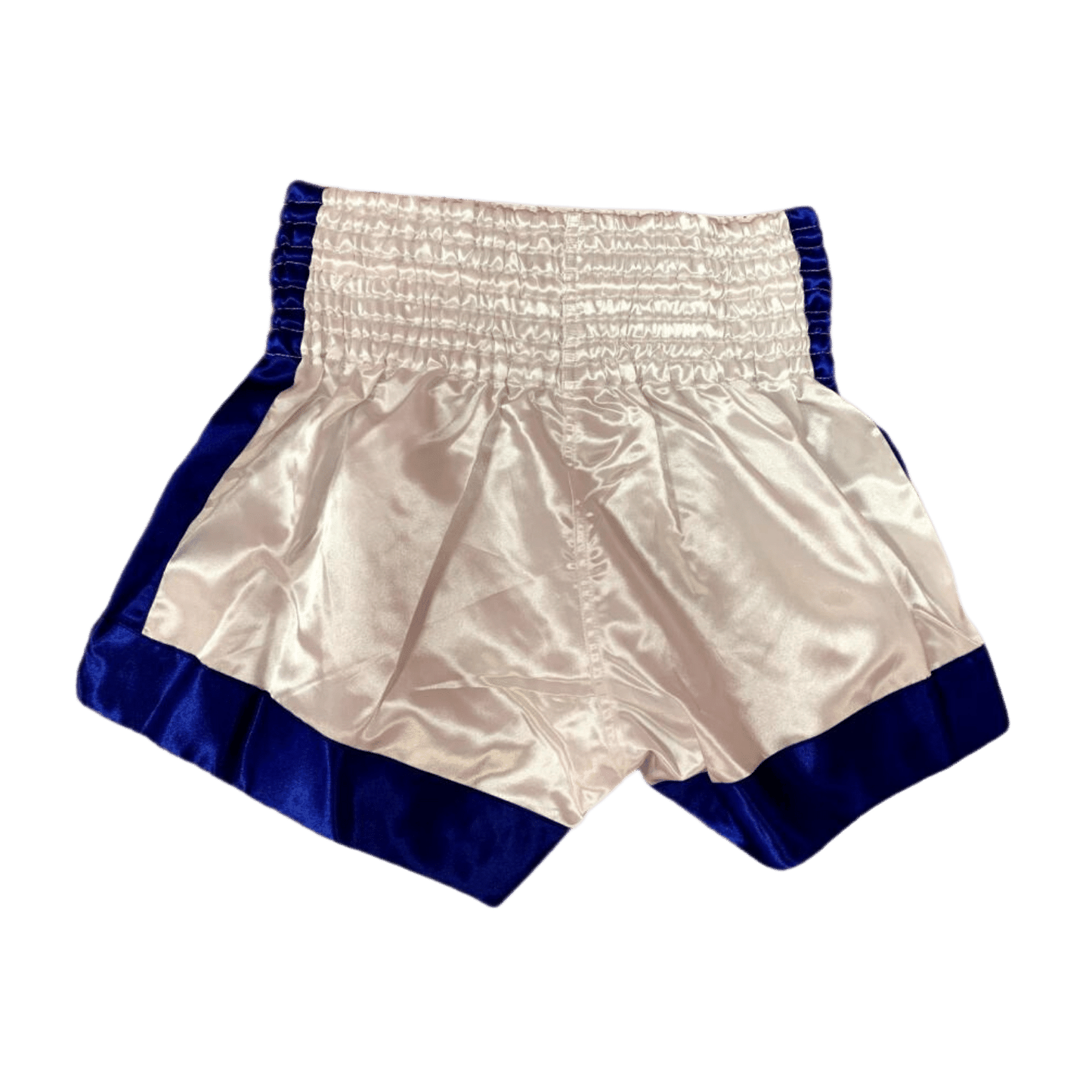 A Blue and White Classic Muay Thai Boxing Shorts by Hanuthai on a white background.