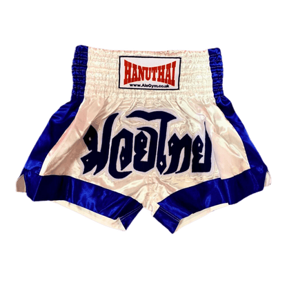A pair of Blue and White Classic Muay Thai Boxing Shorts by Hanuthai.