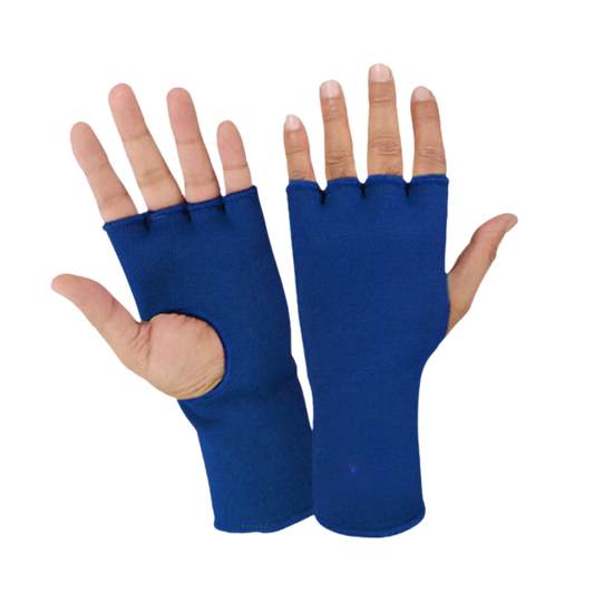 Against a white background, two hands showcase alsgym's Hanuthai Blue Elasticated Inner Gloves for kids, similar to Muay Thai gloves.