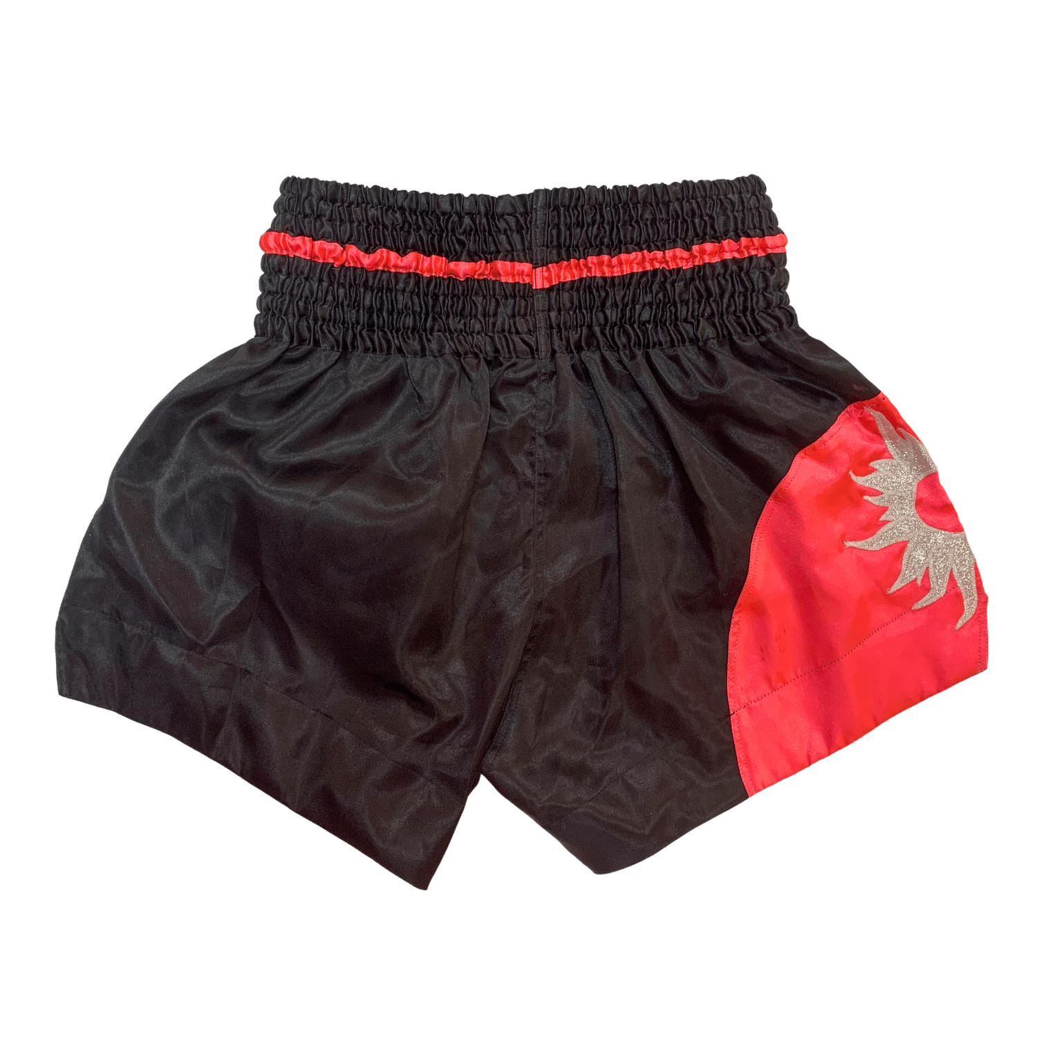 A pair of black and red Hanuthai Midnight Bloom Muay Thai boxing shorts.