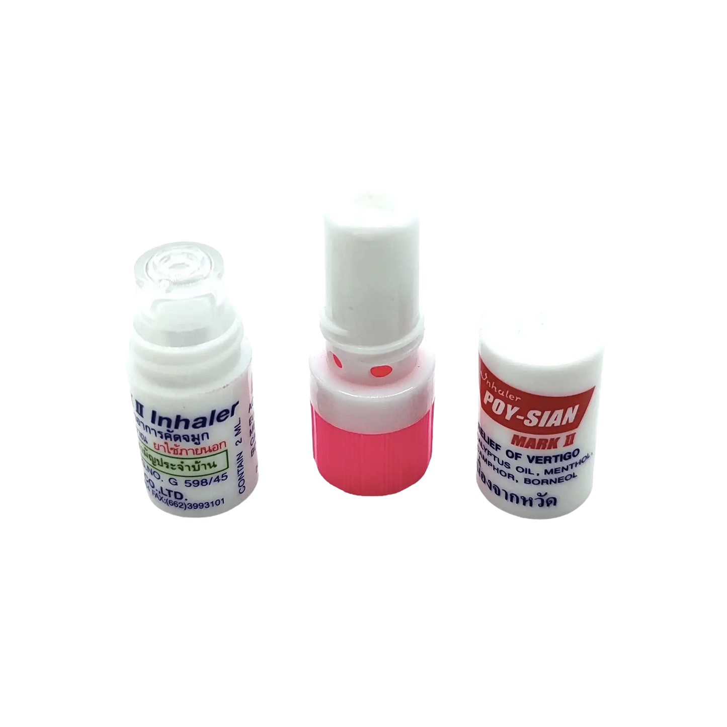 Three Poy-Sian Thai Herbal Nasal Inhalers from alsgym, featuring the Gold Mint Formula and Thai labels with white and pink elements, are arranged in a row against a plain background, offering aromatherapy benefits and nasal congestion relief with each use.