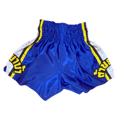 A pair of blue Hanuthai Ringmaster Rumble Muay Thai boxing shorts.