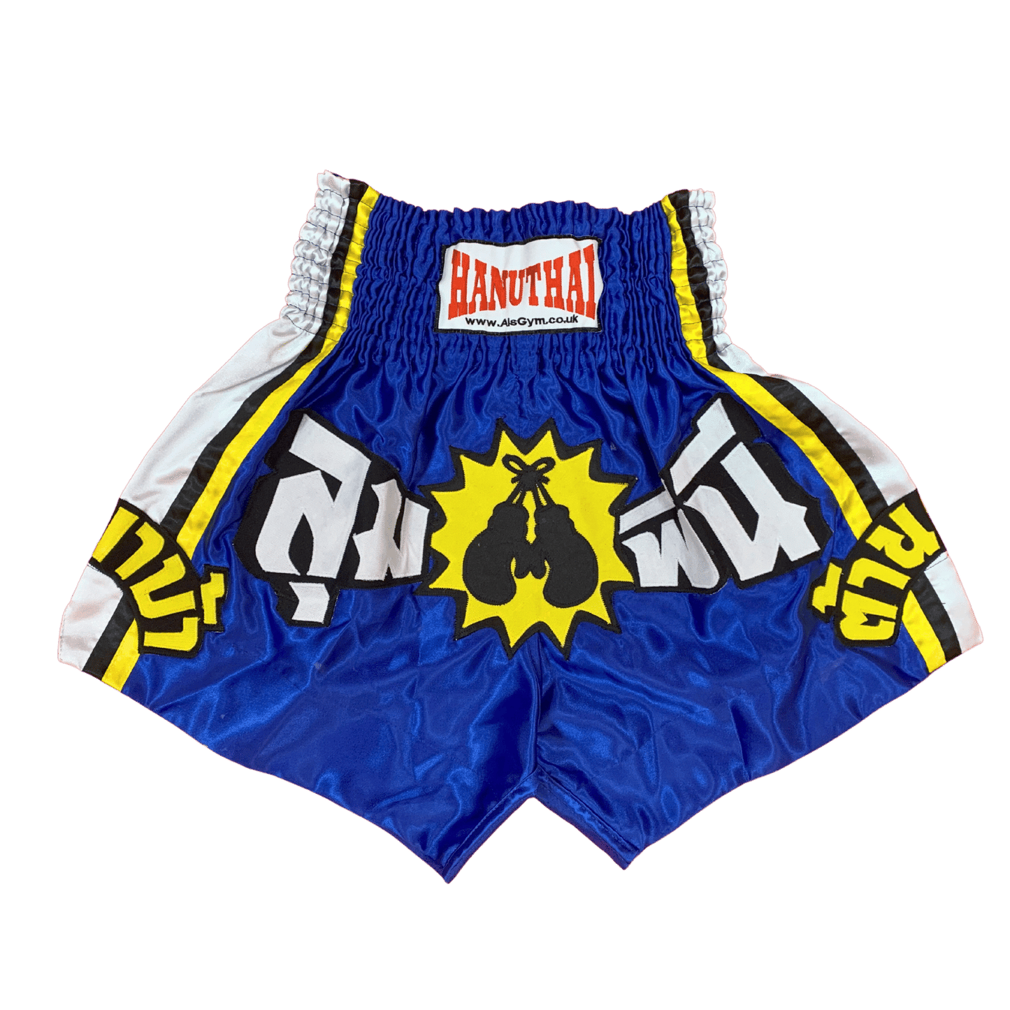 A pair of regal blue and yellow Hanuthai Ringmaster Rumble Muay Thai boxing shorts.