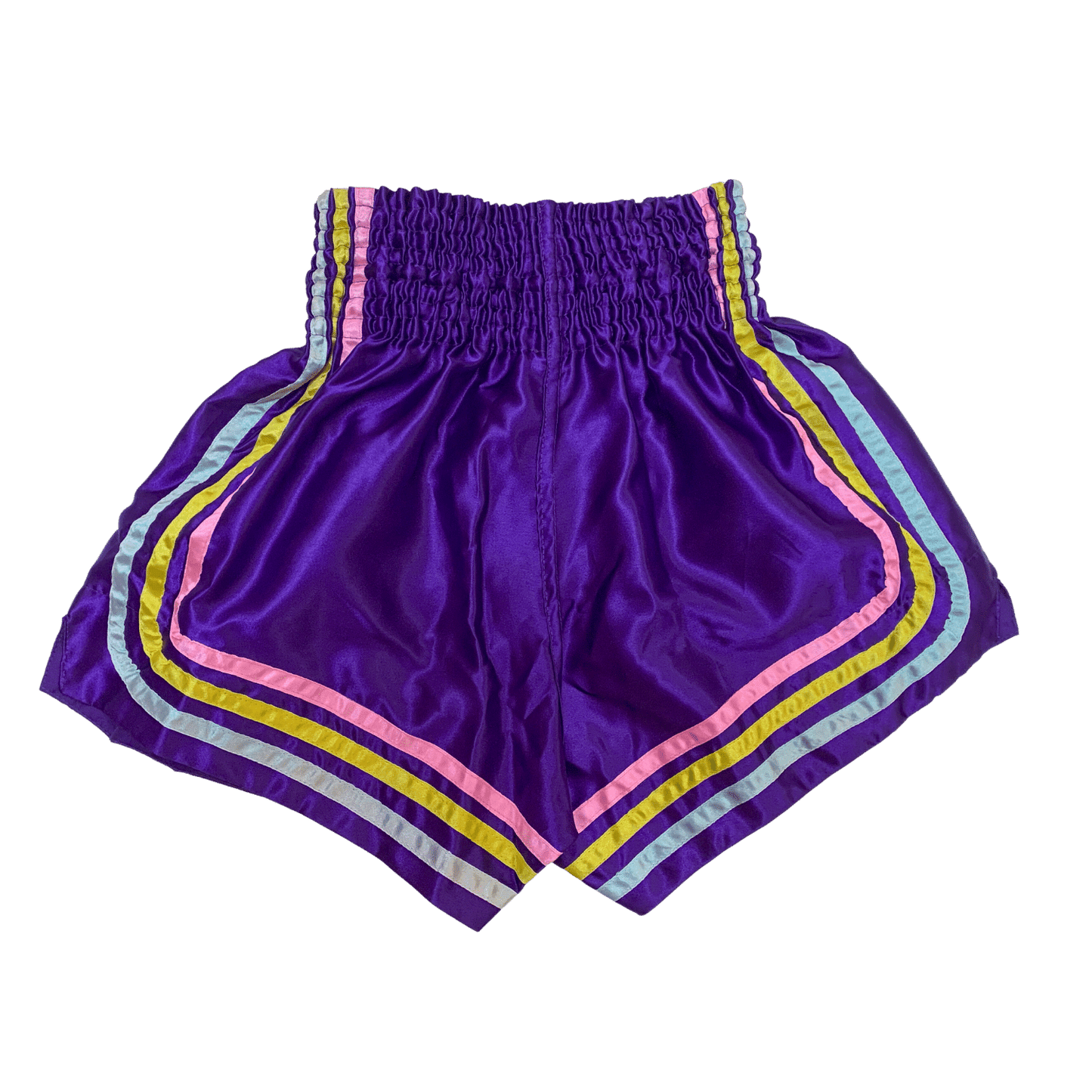 Hanuthai Royal Stride Muay Thai Boxing Shorts with rainbow stripes and authentic Thai design.