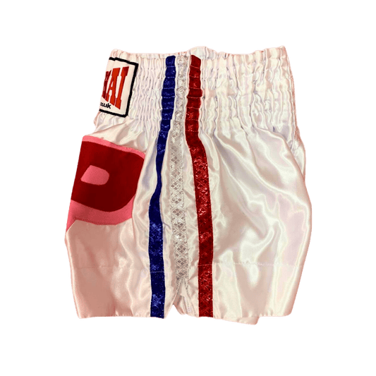 A pair of Teep Muay Thai Boxing Shorts by Hanuthai, with red, white and blue stripes, suitable for training and competition in Muay Thai.