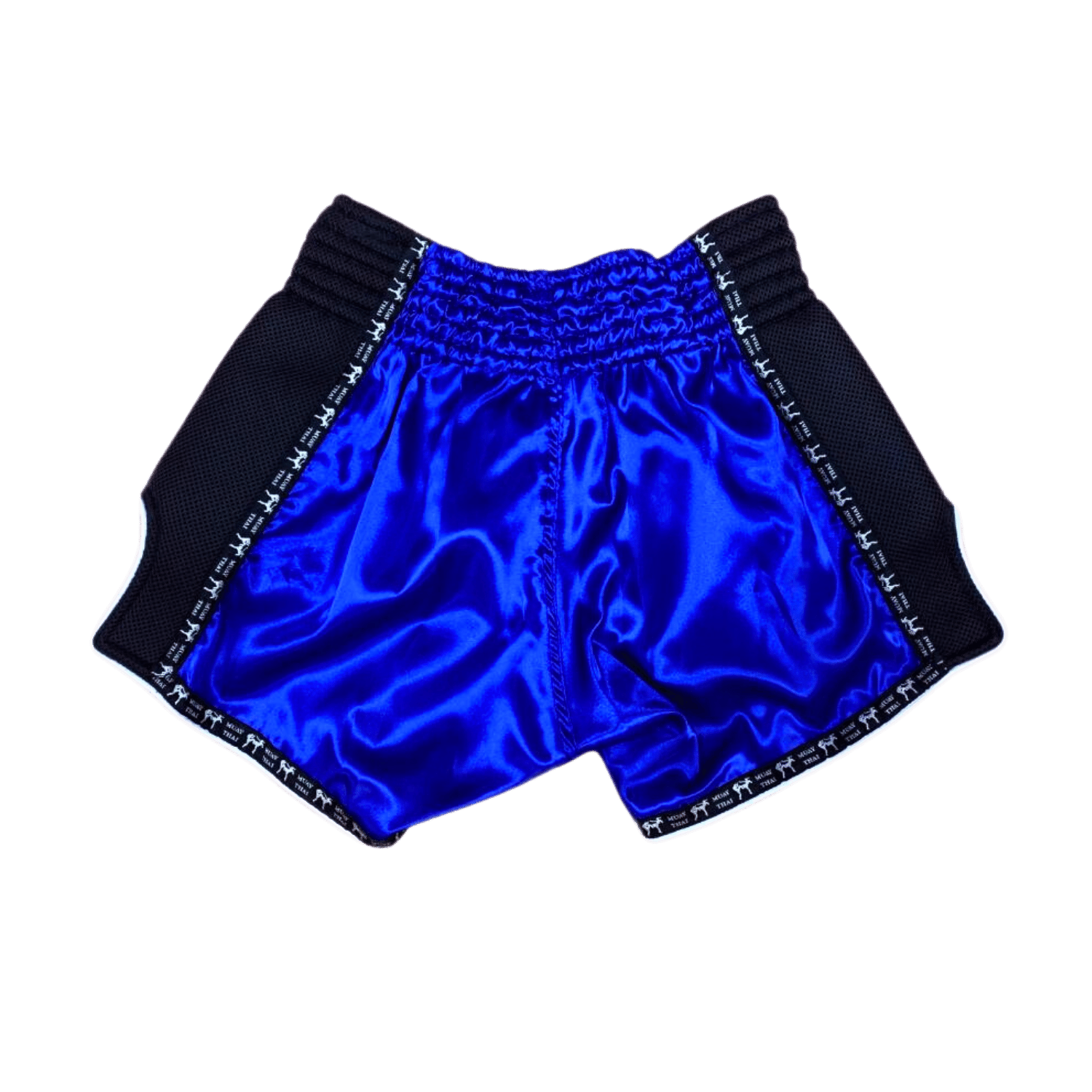 A pair of Blue Warrior Muay Thai boxing shorts by Hanuthai.
