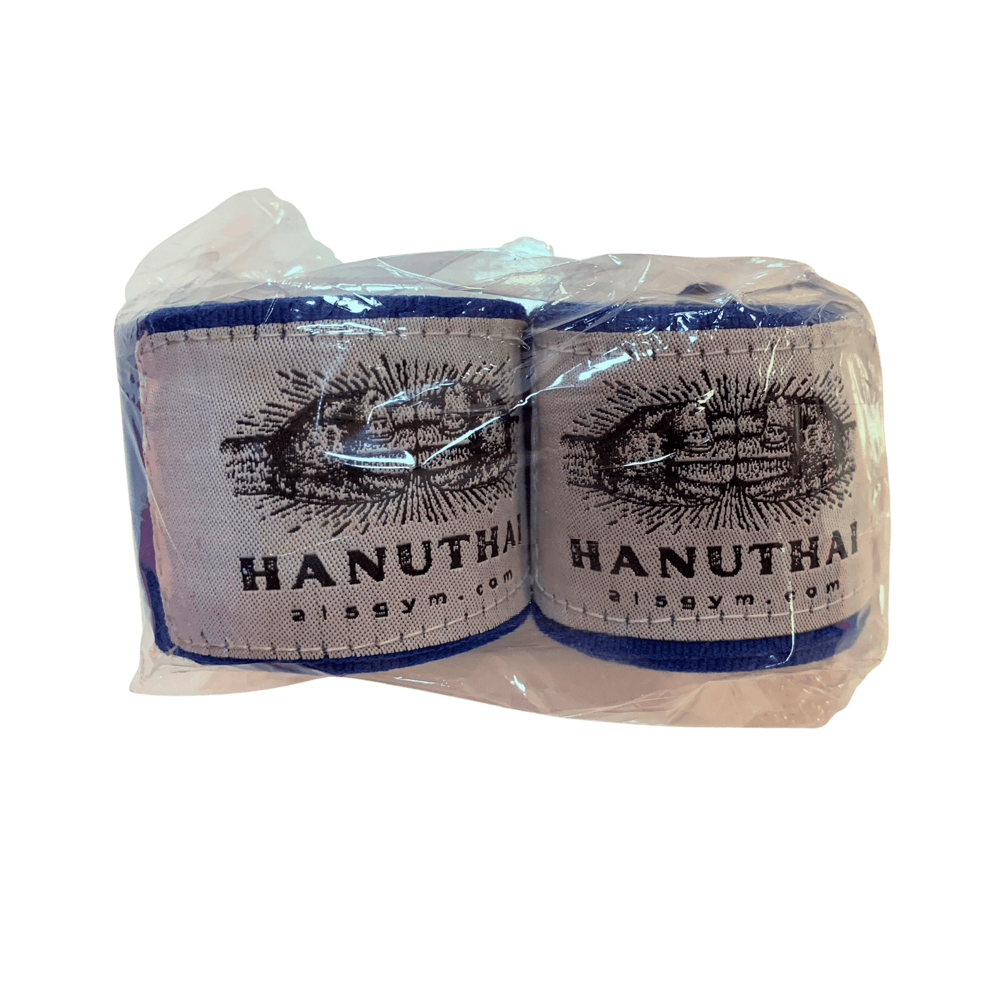 Two packages of Hanuthai Muay Thai Hand Wraps - Blue with velcro closure on a white background.