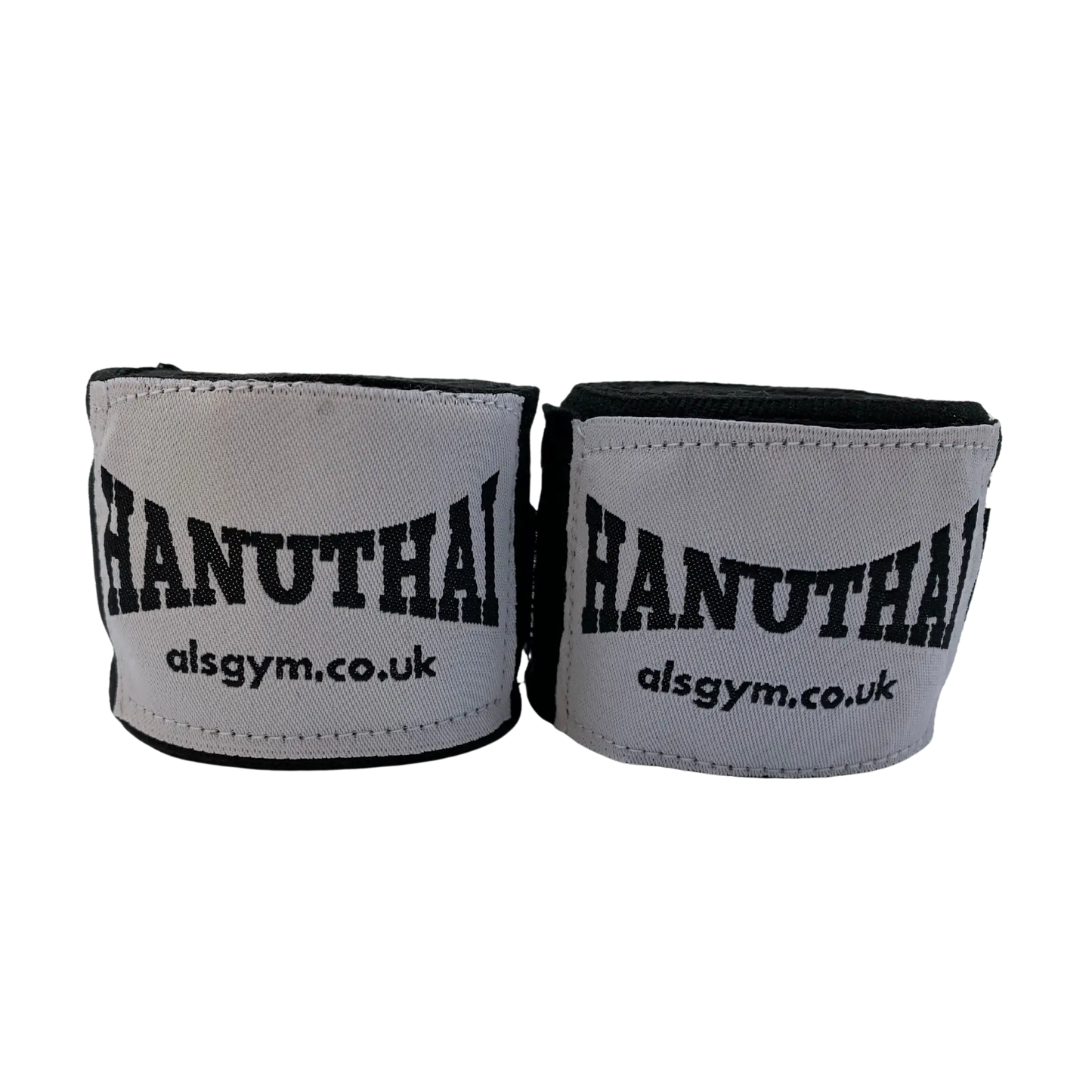 The Muay Thai Hand Wraps by Hanuthai, featuring "HANUTHAI" and "alsgym.co.uk," provide ideal protection in combat sports like boxing.