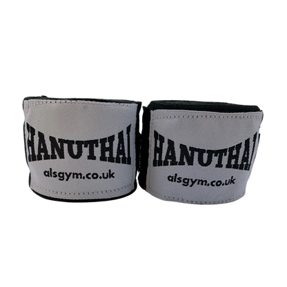 The Muay Thai Hand Wraps by Hanuthai, featuring "HANUTHAI" and "alsgym.co.uk," provide ideal protection in combat sports like boxing.