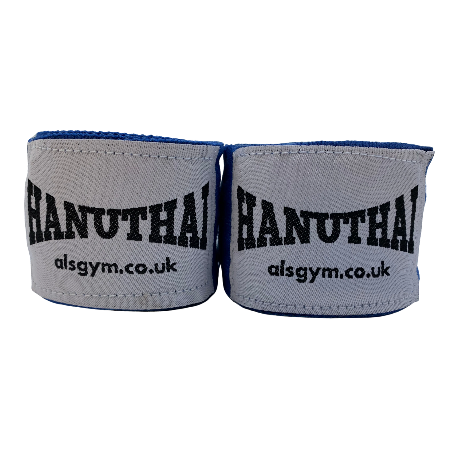 Blue Muay Thai Hand Wraps by Hanuthai featuring "HANUTHAI" and "alsgym.co.uk," ideal for combat sports.