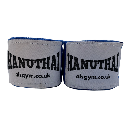 Blue Muay Thai Hand Wraps by Hanuthai featuring "HANUTHAI" and "alsgym.co.uk," ideal for combat sports.