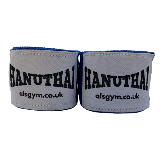 Blue Muay Thai Hand Wraps by Hanuthai featuring "HANUTHAI" and "alsgym.co.uk," ideal for combat sports.