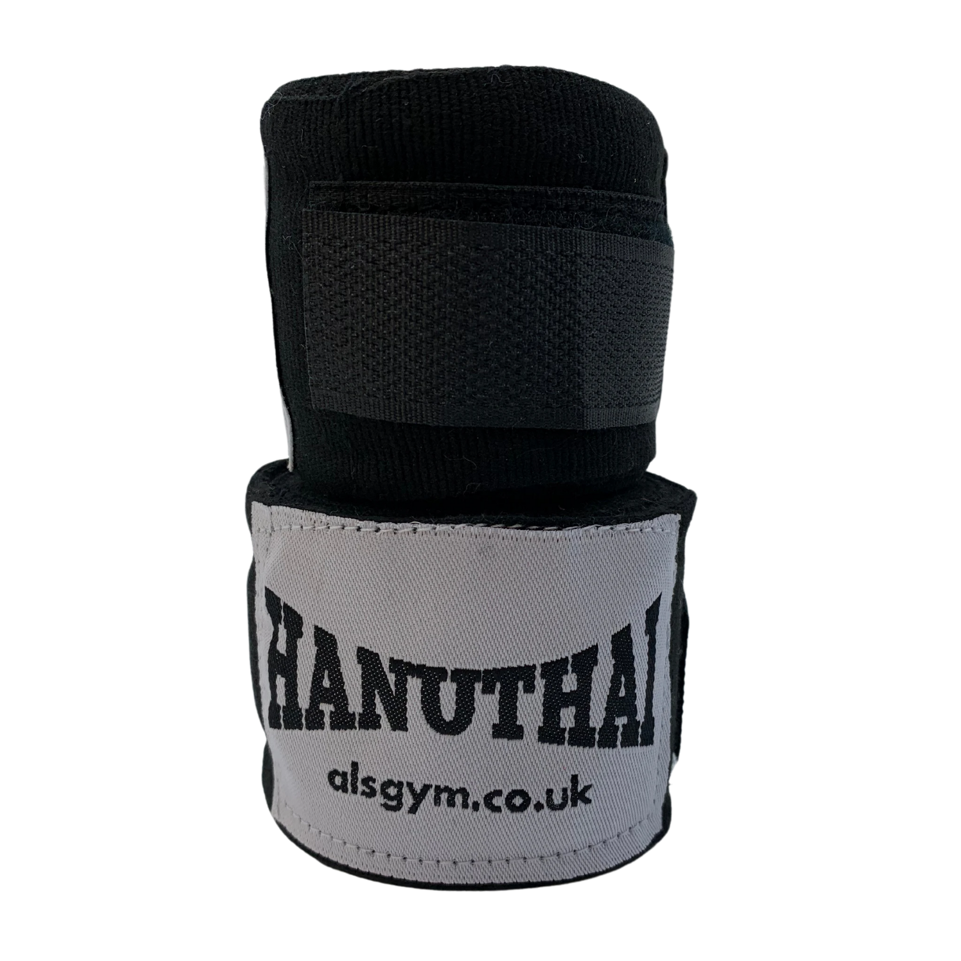 The black Muay Thai Hand Wraps by Hanuthai are ideal for boxing, featuring the "HANUTHAI" logo and "alsgym.co.uk" on a light gray patch.