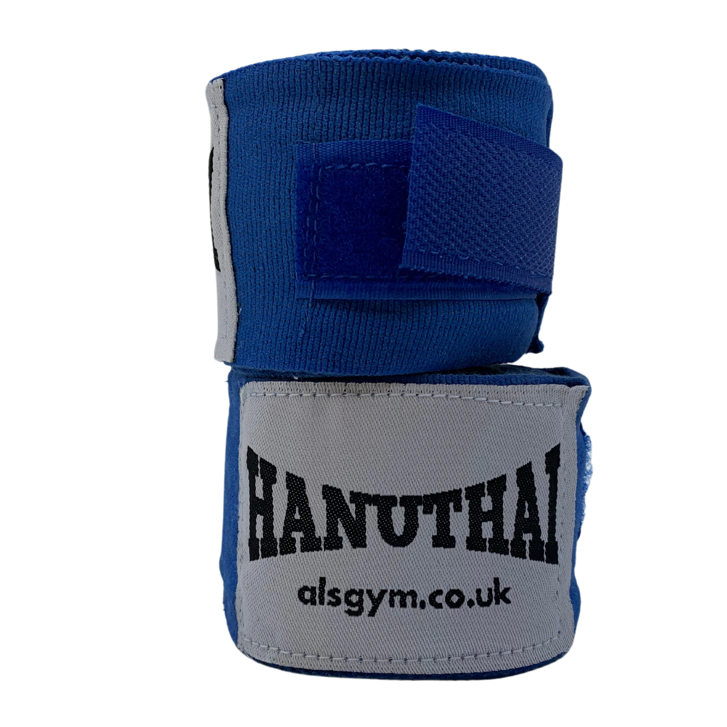 Muay Thai Hand Wraps - Blue by Hanuthai, made from elasticated cotton with a Velcro closure, include a printed URL: aisgym.co.uk. Perfect for combat sports enthusiasts.