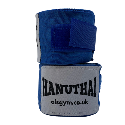 Muay Thai Hand Wraps - Blue by Hanuthai, made from elasticated cotton with a Velcro closure, include a printed URL: aisgym.co.uk. Perfect for combat sports enthusiasts.