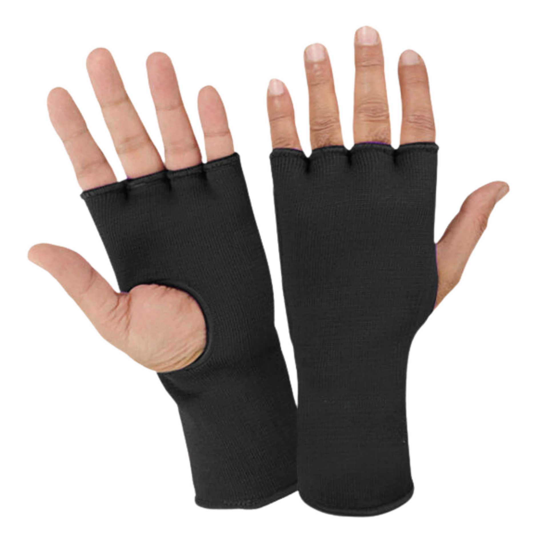 The image shows a pair of hands wearing Hanuthai Black Elasticated Inner Gloves by alsgym, palm up and palm down, against a white background.