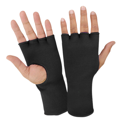 The image shows a pair of hands wearing Hanuthai Black Elasticated Inner Gloves by alsgym, palm up and palm down, against a white background.