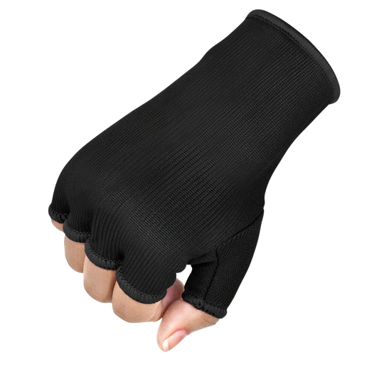 A fist clenches in an alsgym Hanuthai Black Elasticated Inner Glove – Adult (Pair).