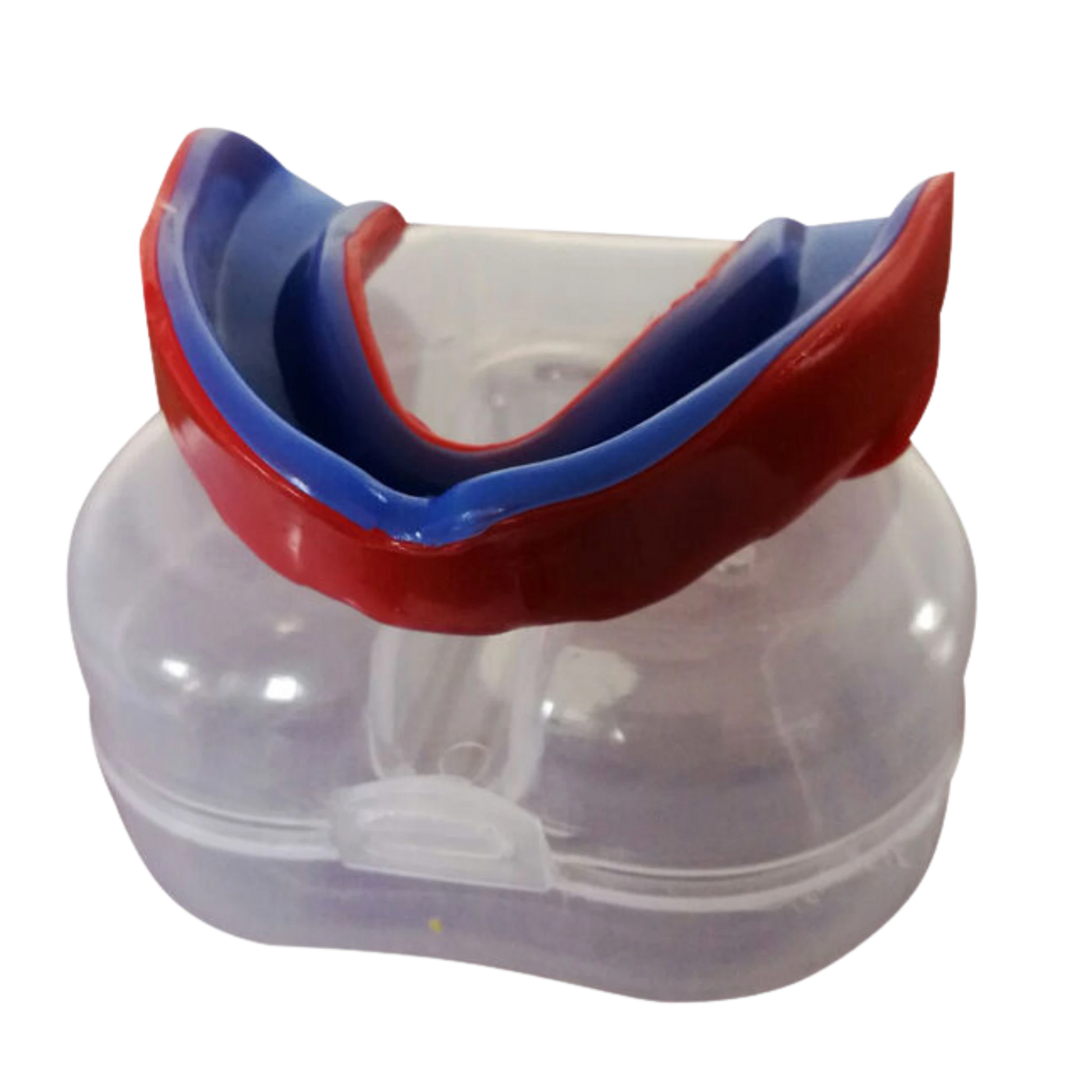 The alsgym Dual-Layer Adult Mouthguard in red and blue rests in its clear plastic case.