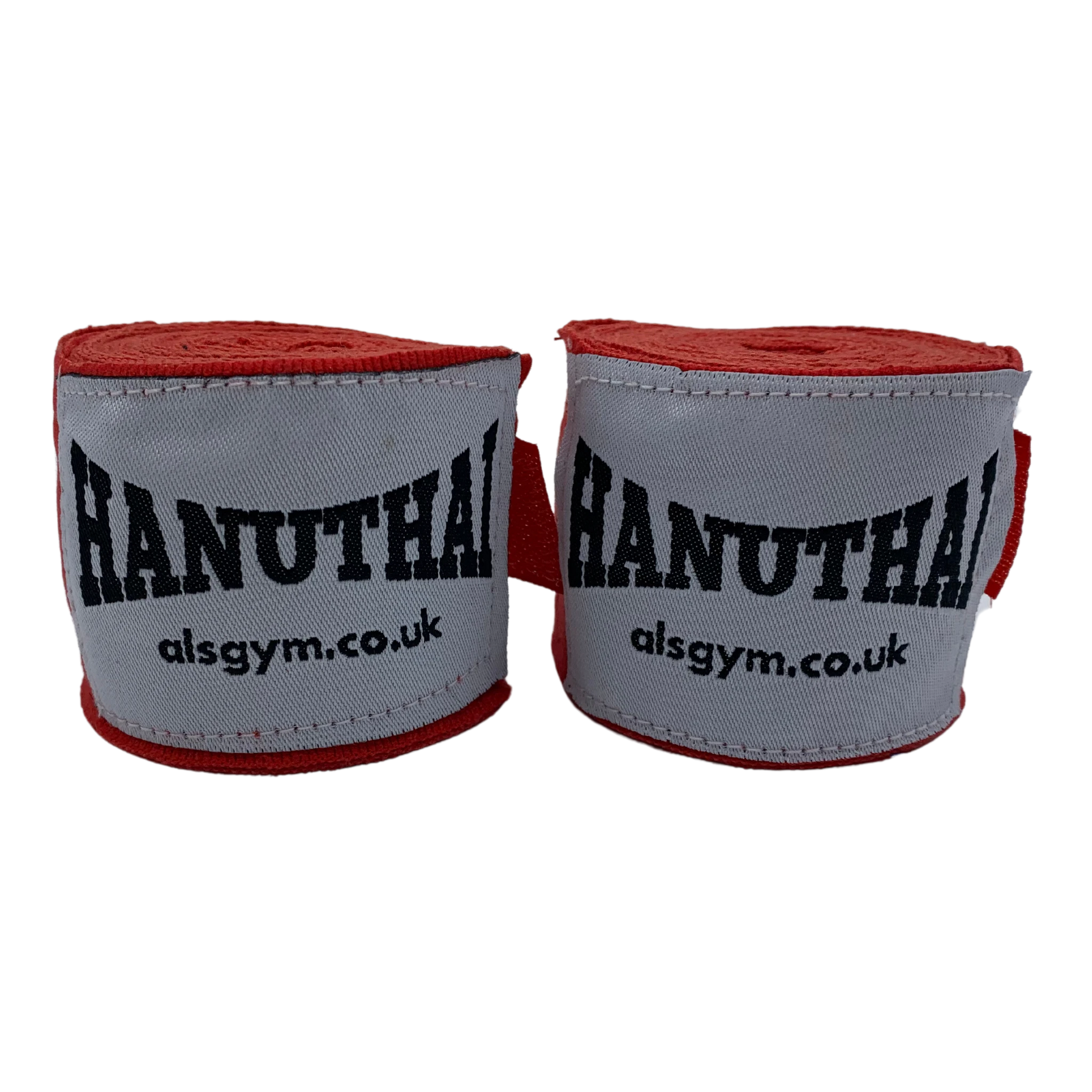 The Muay Thai Hand Wraps in red, by Hanuthai, feature "HANUTHAI" and "alsgym.co.uk" on white fabric. They are perfect for combat sports enthusiasts and designed with a secure Velcro closure for a snug fit.